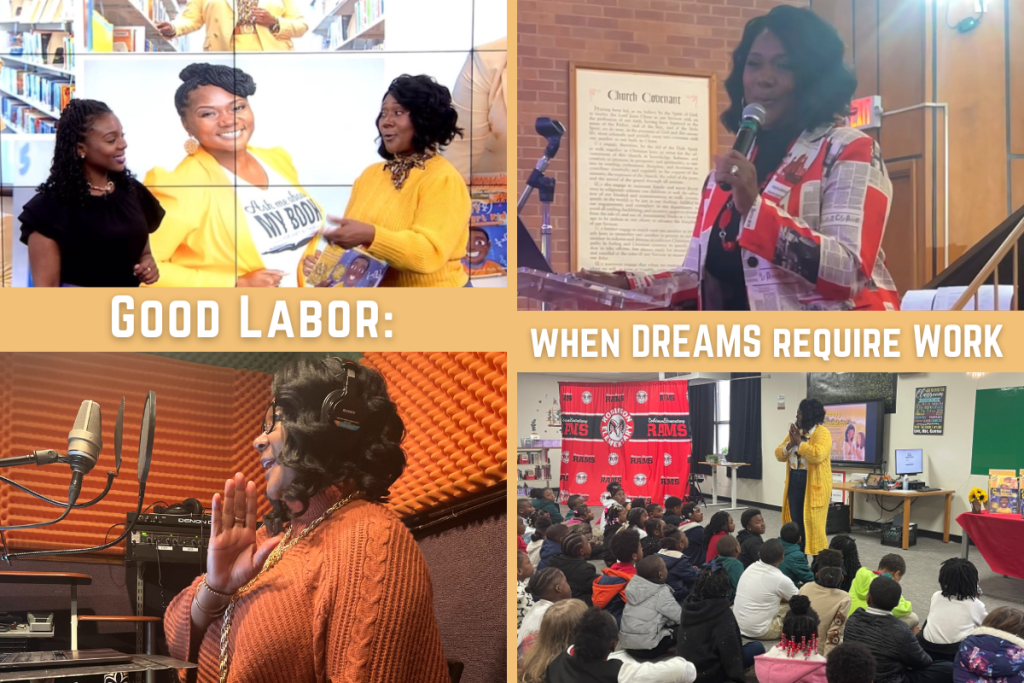 Feature image with four photos: Author Dawn Charleston-Green on television news interview in Shreveport LA with anchor Mata Drain; Dawn speaking to congregation at Trinity Baptist Church; Dawn recording audio book in local Augusta studio; Dawn presenting to a group of 2nd graders at Robinson Elementary in Monroe, LA.