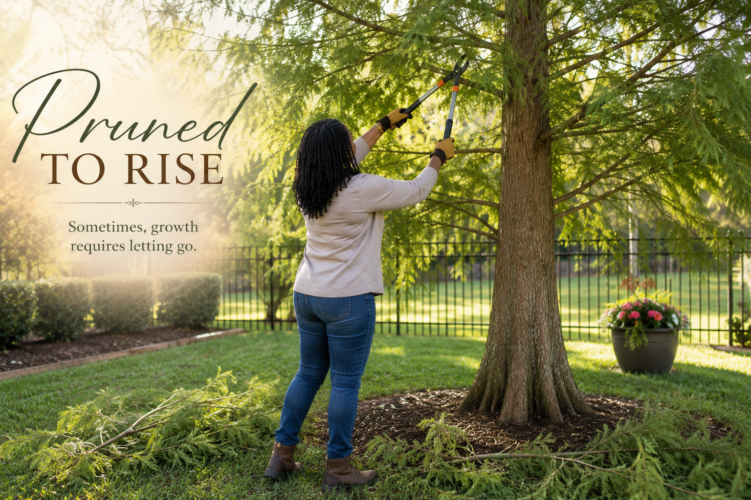 Pruned to Rise Feature Image of Dawn Charleston-Green wearing a tan sweater and jeans with arms lifted pruning a bald cypress tree in her font yard